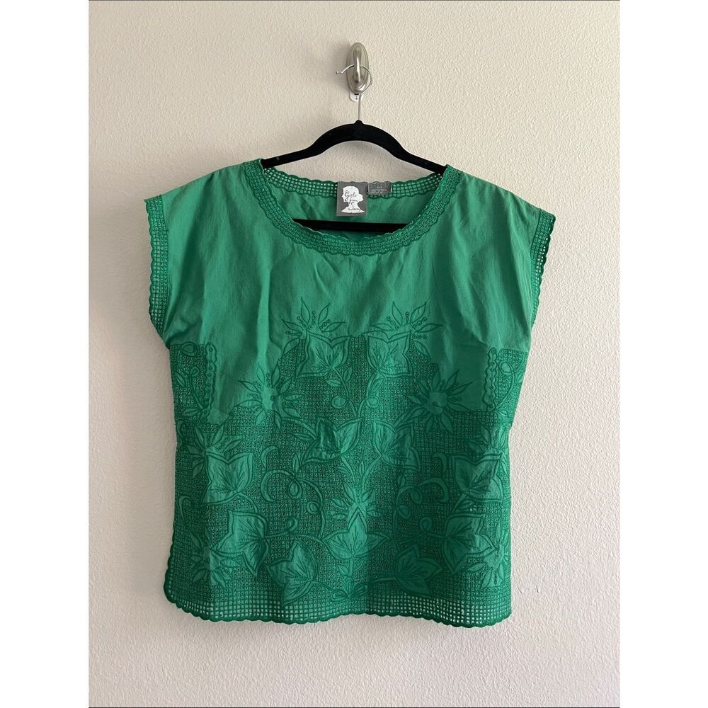 Girls From Savoy Green Embroidered Boho Top Floral Crochet Trim Blouse 6